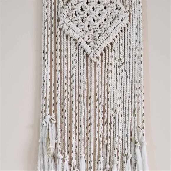 Kasba Cotton Wall Hanging for livingroom Decoration | Bohemian Geometric Theme | Cotton Dream Catcher | Bohemian Wall Decor | Handmade (3 feet, White with Green Lines) - Image 2