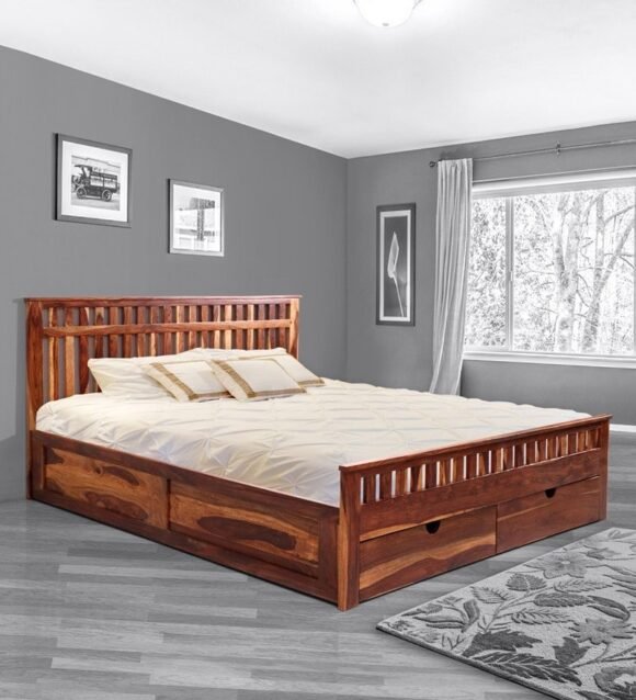 Beatrice King Size Bed with Drawer Storage in Honey Finish