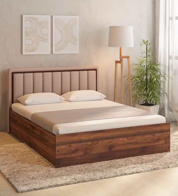 Eloa King Size Bed with Upholstered Headboard and Storage In Columbia Walnut Finish