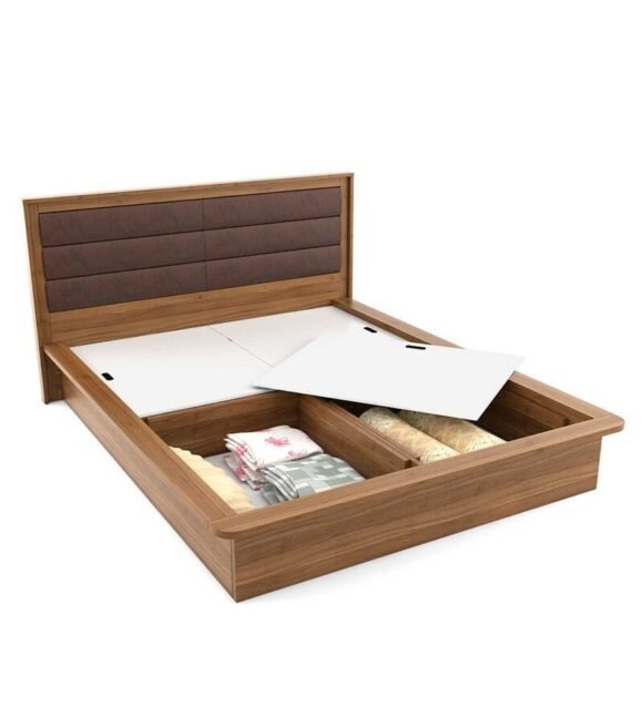 Kosmo Cooper Queen Size Upholstered Bed With Box Storage in Natural Teak Finish - Image 6