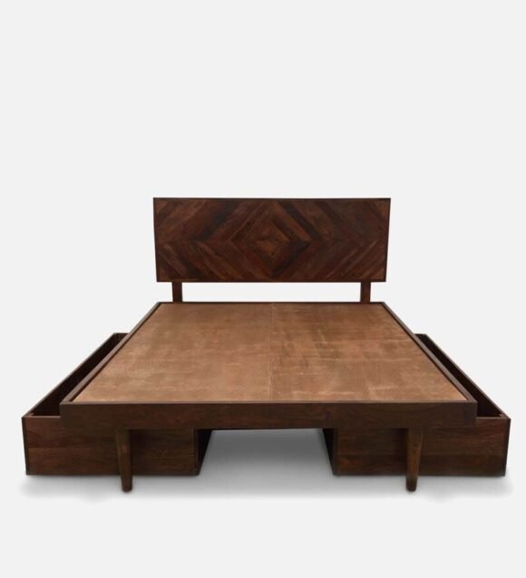 Square Diamond King Size Bed With Drawer Storage In Walnut Finish - Image 4