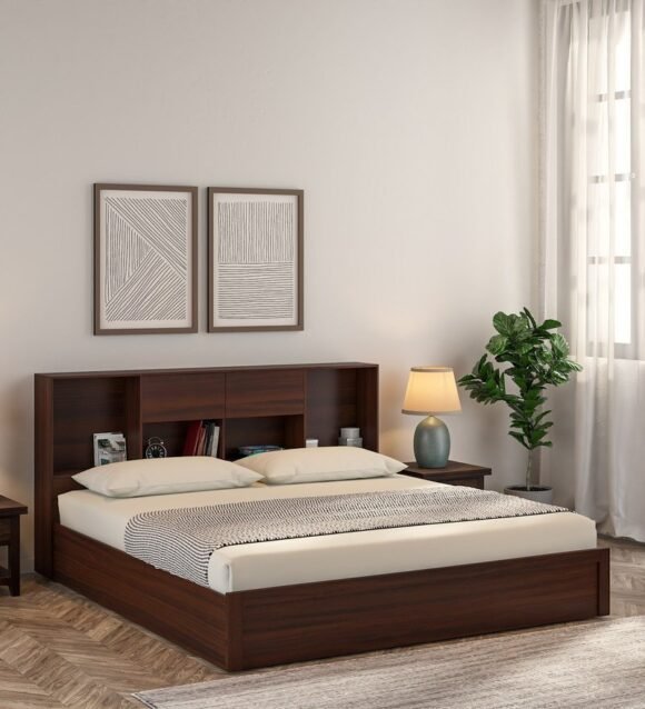 Yume King Size Bed With Box Storage In Regato Walnut Colour