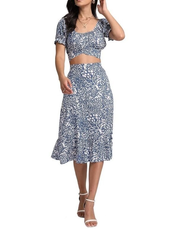 Women's 2 Piece Outfits Floral Self Tie Knot Crop Top and Midi Skirt Set, 2#blue, Small - Image 4