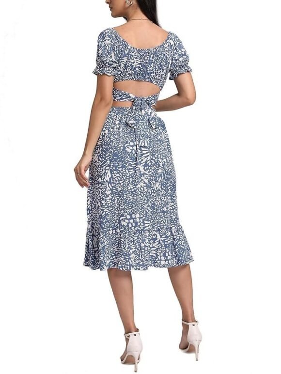 Women's 2 Piece Outfits Floral Self Tie Knot Crop Top and Midi Skirt Set, 2#blue, Small - Image 6