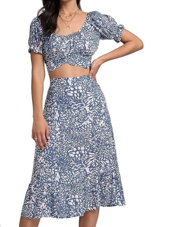 Women's 2 Piece Outfits Floral Self Tie Knot Crop Top and Midi Skirt Set, 2#blue, Small - Image 3