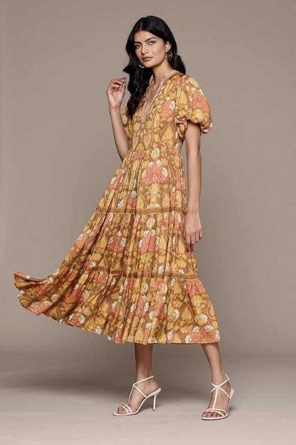 Kumar Yellow Paisley Print Long Dress - Image 6